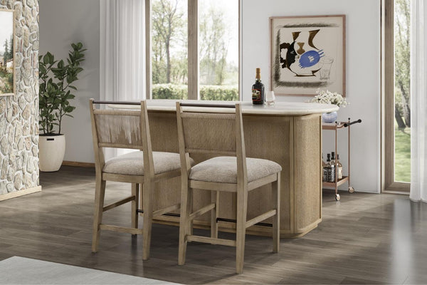 English Elm Modern Organic Bar Cabinet with Travertine Stone Top Rope Panels and Red Oak Frame B2699S00125