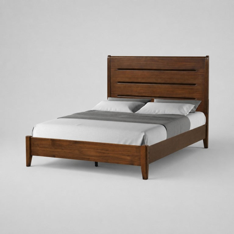 English Elm Mid-Century Modern Queen Bed Birch Veneer Slotted Headboard Warm Wood Bedroom B2699S00127