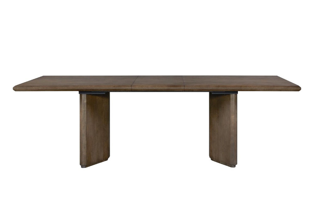 English Elm Angled Double Pedestal Extendable White Oak Dining Table with Warm Rye Finish B2699S00131