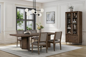 English Elm Angled Double Pedestal Extendable White Oak Dining Table with Warm Rye Finish B2699S00131