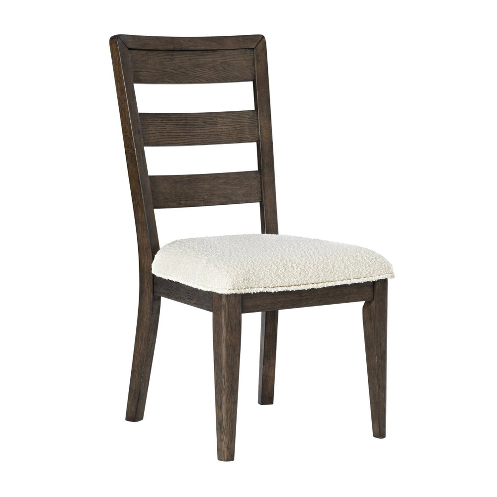English Elm Dark Oak Ladder-back Boucle Dining Chairs with Cushioned Seats for Modern Farmhouse Rooms B2709P537849