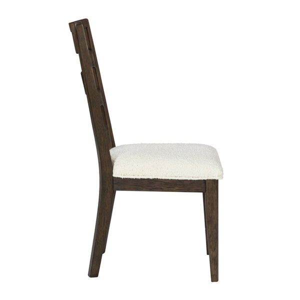 English Elm Dark Oak Ladder-back Boucle Dining Chairs with Cushioned Seats for Modern Farmhouse Rooms B2709P537849