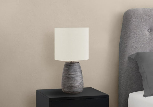 English Elm Lighting, Grey Ceramic Textured Table Lamp with Ivory Linen Shade for Modern Interiors B2710P220097