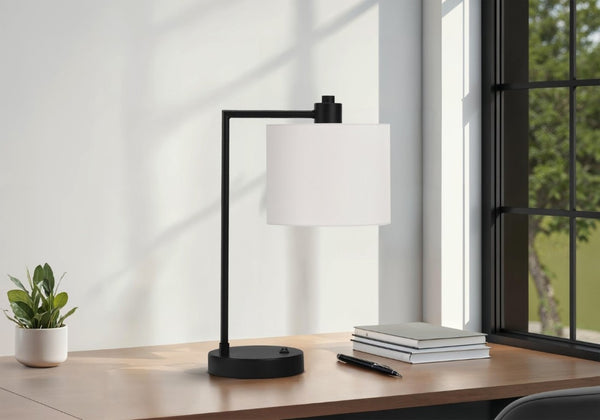 English Elm Lighting, Modern Black Metal Table Lamp with USB Port Ivory Drum Shade for Desk B2710P220107