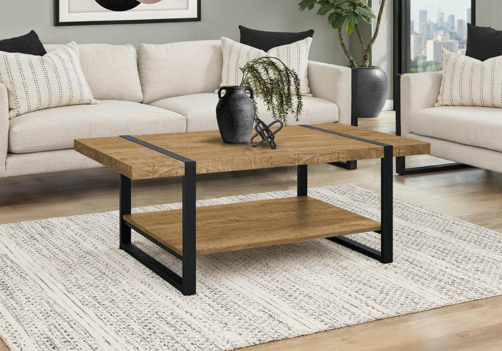 English Elm Coffee Table Rectangular Mango Wood Look Top Black Metal Frame with Lower Shelf B2710P501833