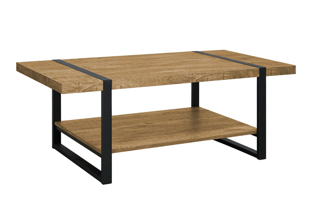 English Elm Coffee Table Rectangular Mango Wood Look Top Black Metal Frame with Lower Shelf B2710P501833