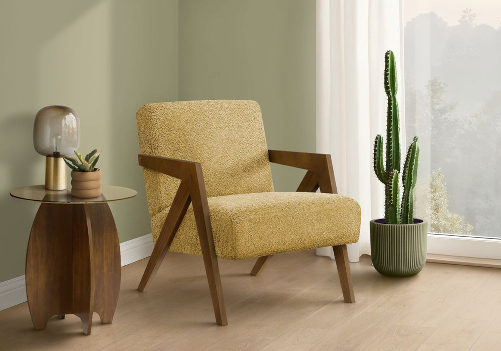 English Elm Accent Chair Upholstered in Grey Fabric with Walnut Arms for Mid-century Living Rooms Yellow B2710P501846