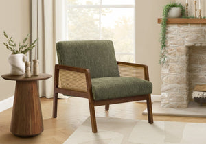 English Elm Accent Chair Mid Century Modern Sage Fabric Walnut Legs Cane Panels Living Room Green B2710P501856
