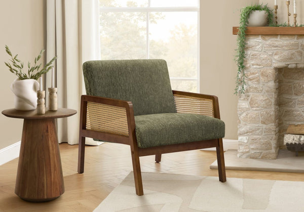 English Elm Accent Chair Mid Century Modern Sage Fabric Walnut Legs Cane Panels Living Room Green B2710P501856