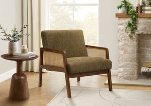 English Elm Accent Chair Mid Century Modern Sage Fabric Walnut Legs Cane Panels Living Room Brown B2710P501857