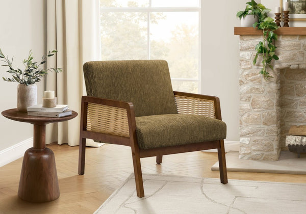 English Elm Accent Chair Mid Century Modern Sage Fabric Walnut Legs Cane Panels Living Room Brown B2710P501857