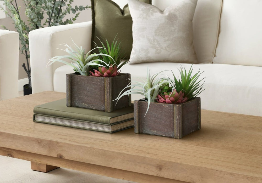 English Elm Artificial Succulent Duo with Wooden Pots Realistic Desert Foliage for Modern Interiors B2710P501875
