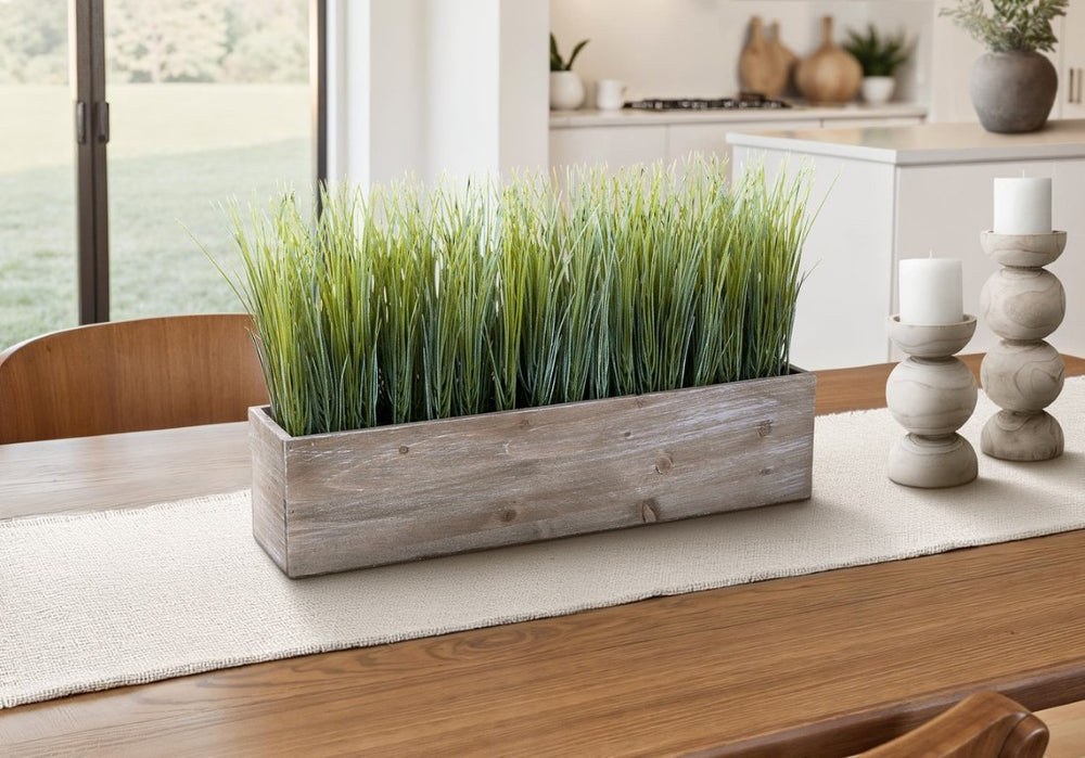 English Elm Artificial Grass Tabletop Plant in Rectangular Wood Pot for Modern Minimalist Spaces B2710P501878