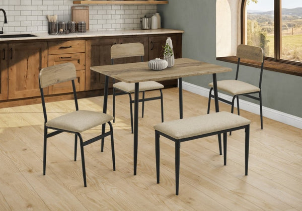 English Elm Dining Set 5 Piece Rustic Oak and Black Metal Table with Four Cushioned Chairs B2710P501889