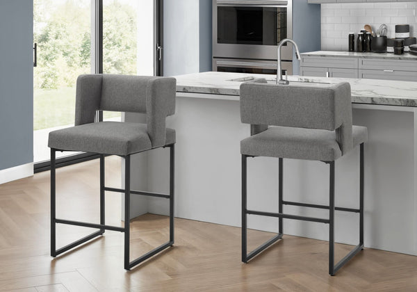 English Elm Barstool, Set of 2 Padded Fabric Seat Matte Black Metal Legs Modern Kitchen Counter Height Grey B2710P501895
