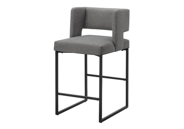 English Elm Barstool, Set of 2 Padded Fabric Seat Matte Black Metal Legs Modern Kitchen Counter Height Grey B2710P501895