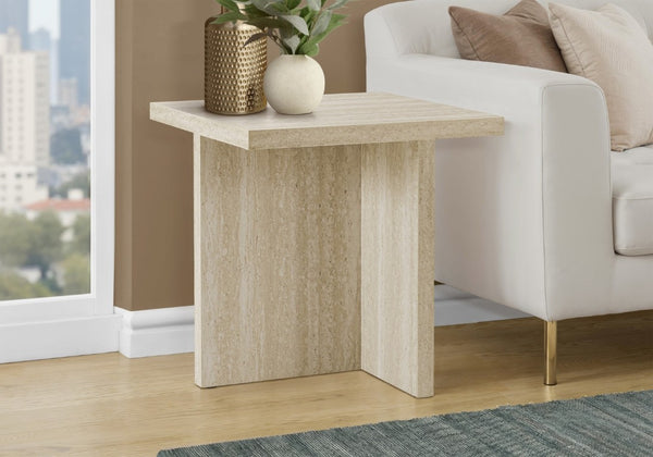 English Elm Accent Table with Travertine Stone Look Laminate Top for Modern Living Spaces B2710P558646