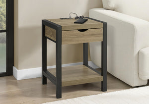 English Elm Accent Table Two Tier with Drawer USB Port Dark Laminate Metal Contemporary Side Taupe B2710P558647
