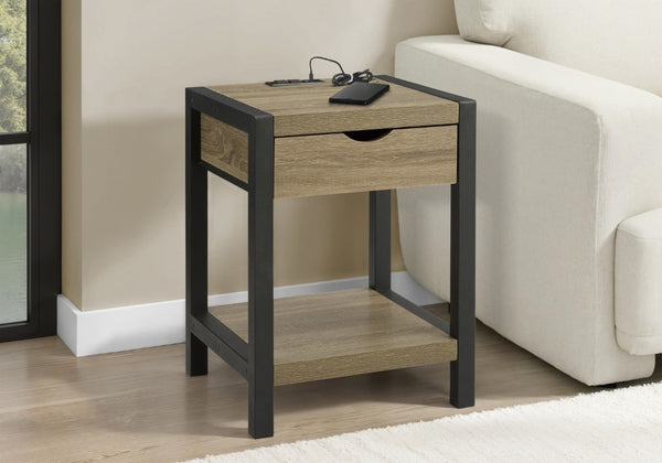 English Elm Accent Table Two Tier with Drawer USB Port Dark Laminate Metal Contemporary Side Taupe B2710P558647