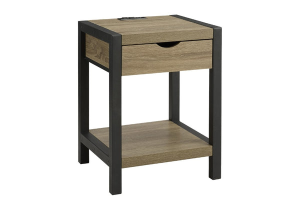 English Elm Accent Table Two Tier with Drawer USB Port Dark Laminate Metal Contemporary Side Taupe B2710P558647