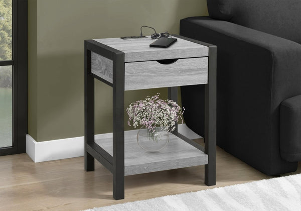 English Elm Accent Table Two Tier with Drawer USB Port Dark Laminate Metal Contemporary Side Gray B2710P558648