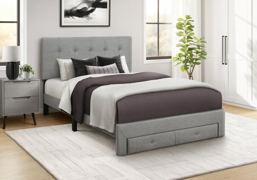 English Elm Bed, Bed Full Platform with Padded Linen Headboard and Storage Drawers for Transitional Rooms Grey B2710P558674