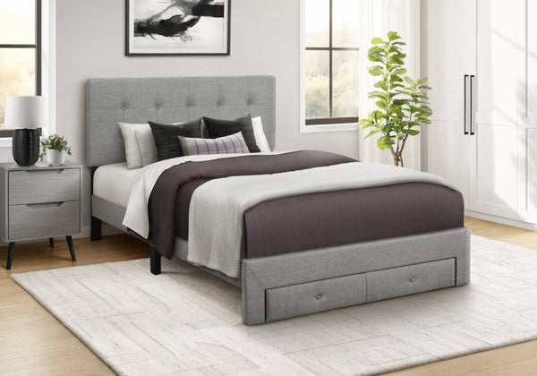 English Elm Bed, Bed Full Platform with Padded Linen Headboard and Storage Drawers for Transitional Rooms Grey B2710P558674