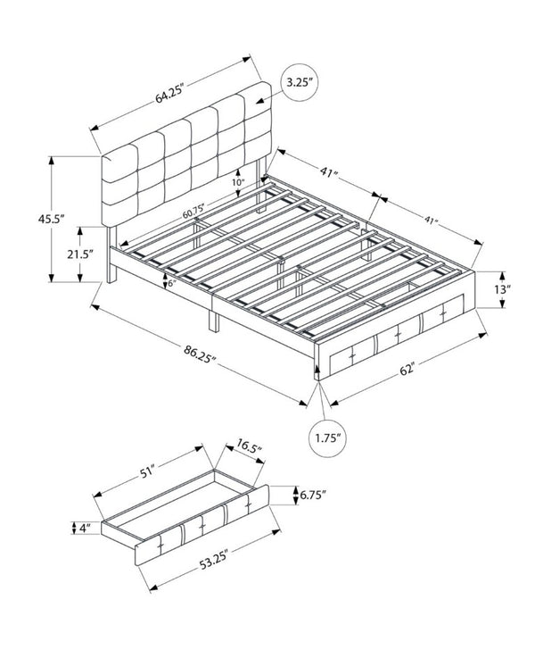 English Elm Bed, Bed Queen Platform with Button Tufted Headboard Three Storage Drawers Linen Look Grey B2710P558675
