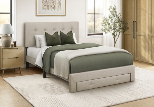 English Elm Bed, Bed Full Platform with Padded Linen Headboard and Storage Drawers for Transitional Rooms Beige B2710P558677