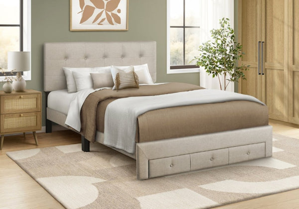English Elm Bed, Bed Queen Platform with Button Tufted Headboard Three Storage Drawers Linen Look Beige B2710P558678