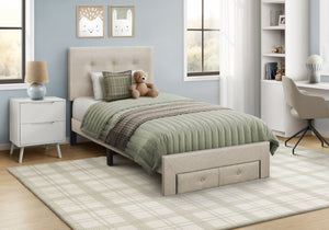 English Elm Bed, Bed Twin Platform with Button Tufted Headboard and Under Frame Storage Drawers Beige Linen B2710P558679