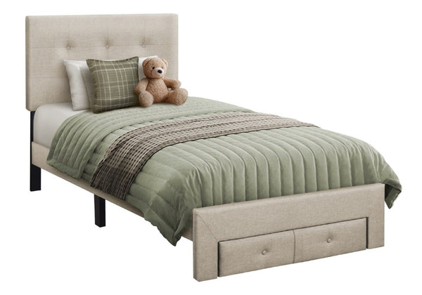 English Elm Bed, Bed Twin Platform with Button Tufted Headboard and Under Frame Storage Drawers Beige Linen B2710P558679