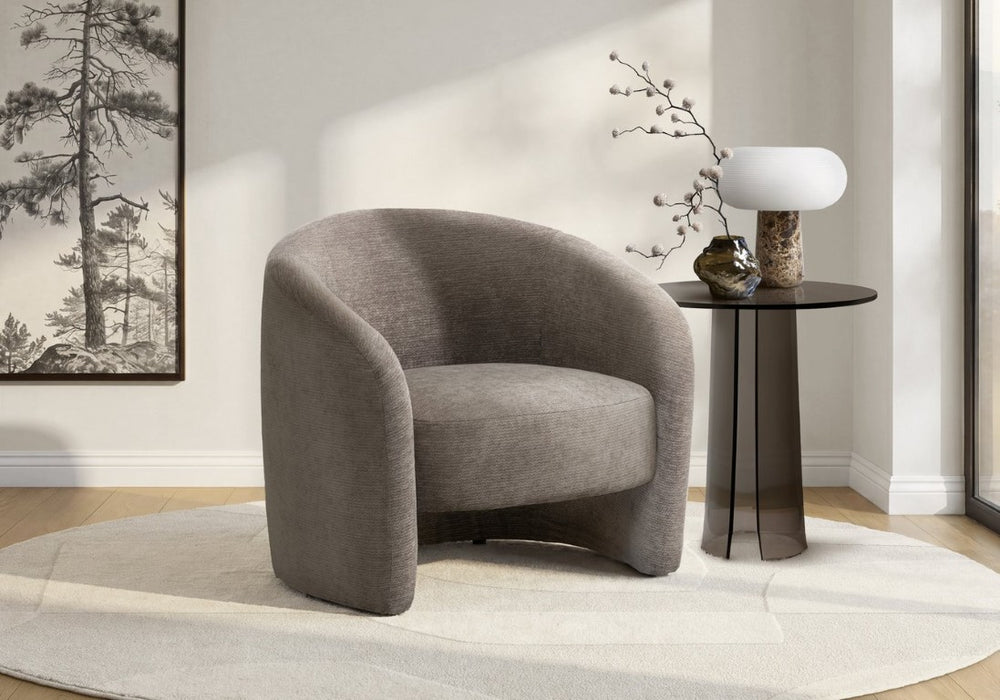 English Elm Accent Chair Barrel Curved Back Light Brown Fabric for Living Room or Reading Nook B2710P605451
