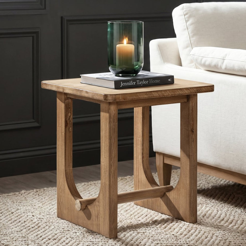 English Elm Turnkey Reclaimed Pine Square Side Table Trestle Base Rustic Organic Living Room Accent B2719P509073
