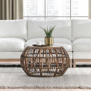 English Elm Bexley Handwoven Round Coffee Table with Organic Grey Wash Finish for Coastal Living B2723P240967