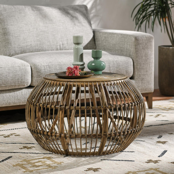 English Elm Bexley Handwoven Round Coffee Table with Organic Grey Wash Finish for Coastal Living B2723P240967