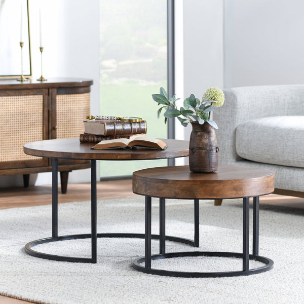 English Elm Emma Reclaimed Wood Nesting Tables Set Iron Base Rustic Transitional Living Room Accent B2723P240976