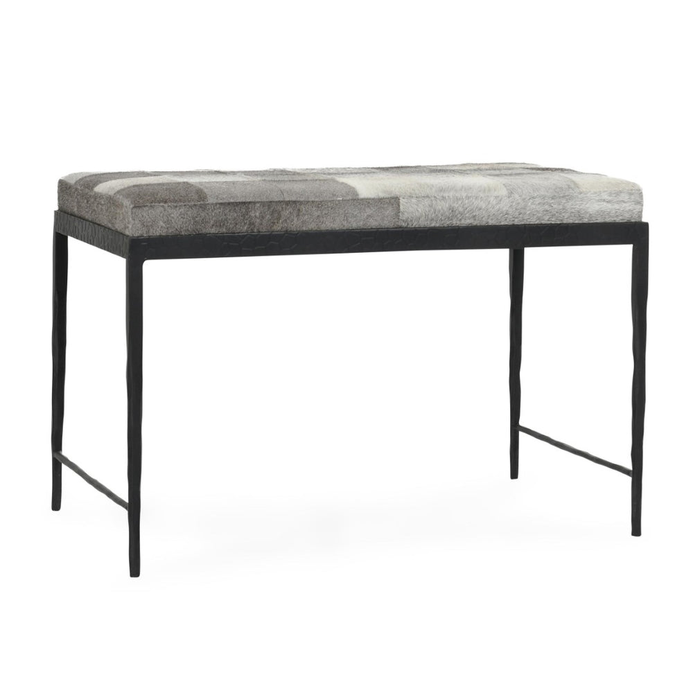 English Elm Achen Genuine Hair on Hide Quilted Patchwork Bench with Hammered Bronze Iron Frame B2723P287149