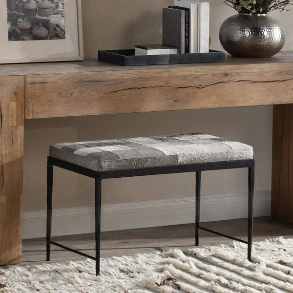 English Elm Achen Genuine Hair on Hide Quilted Patchwork Bench with Hammered Bronze Iron Frame B2723P287149