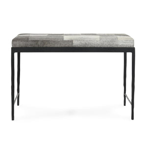 English Elm Achen Genuine Hair on Hide Quilted Patchwork Bench with Hammered Bronze Iron Frame B2723P287149