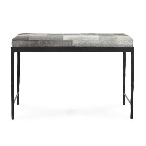 English Elm Achen Genuine Hair on Hide Quilted Patchwork Bench with Hammered Bronze Iron Frame B2723P287149