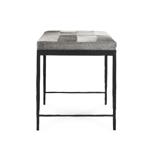 English Elm Achen Genuine Hair on Hide Quilted Patchwork Bench with Hammered Bronze Iron Frame B2723P287149
