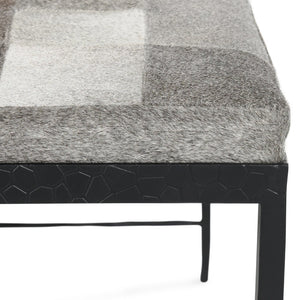 English Elm Achen Genuine Hair on Hide Quilted Patchwork Bench with Hammered Bronze Iron Frame B2723P287149