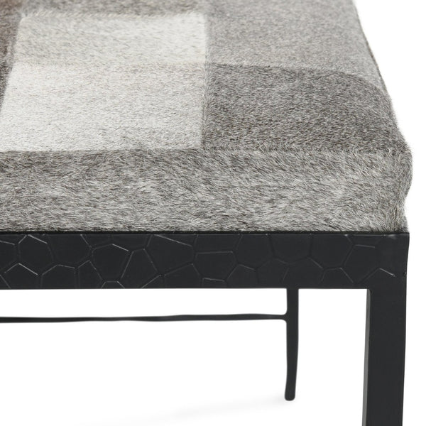 English Elm Achen Genuine Hair on Hide Quilted Patchwork Bench with Hammered Bronze Iron Frame B2723P287149