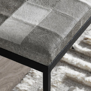 English Elm Achen Genuine Hair on Hide Quilted Patchwork Bench with Hammered Bronze Iron Frame B2723P287149