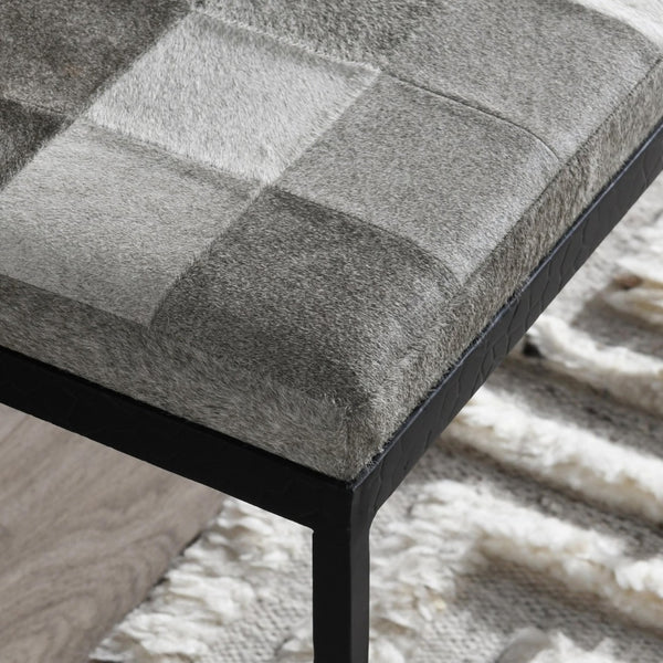 English Elm Achen Genuine Hair on Hide Quilted Patchwork Bench with Hammered Bronze Iron Frame B2723P287149