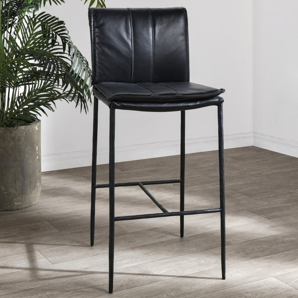 English Elm Mayer Top Grain Leather Counter Stool with Rolled Back and Tapered Legs for Islands Black B2723P287151