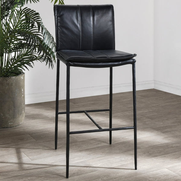 English Elm Mayer Top Grain Leather Counter Stool with Rolled Back and Tapered Legs for Islands Black B2723P287151