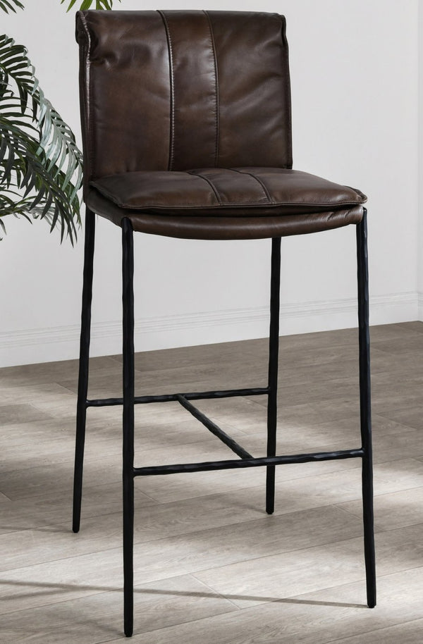 English Elm Mayer Top Grain Leather Bar Stool with Hand-hammered Iron Frame Transitional Kitchen Brown B2723P287152