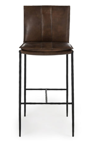 English Elm Mayer Top Grain Leather Bar Stool with Hand-hammered Iron Frame Transitional Kitchen Brown B2723P287152